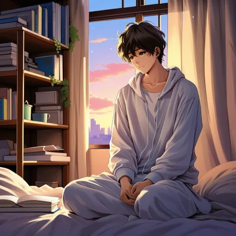 Chibli studio style anime character in pajamas sitting on a bed in a room with soft light from the window, rubbing his eyes from sleep, beautiful room, early morning, THM style