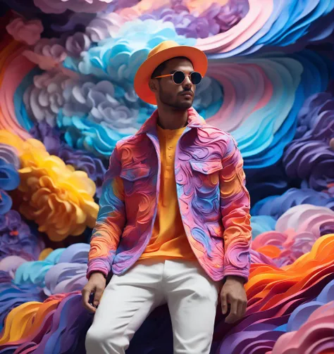 Psychedelic style, Daniel Arsham. Whole outfit, clear, sharp, balanced, Vibrant colors, swirling patterns, abstract forms, surreal, trippy, THM style