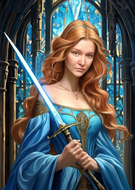 Renaissance style amanda sage OIL PAINTING ,HOGWARTS WORLD, ((masterpiece, best quality)),a girl holding a sword, in the style of dark azure and light azure, mixes realistic and fantastical elements, uhd image, glassy translucence, vibrant illustrations