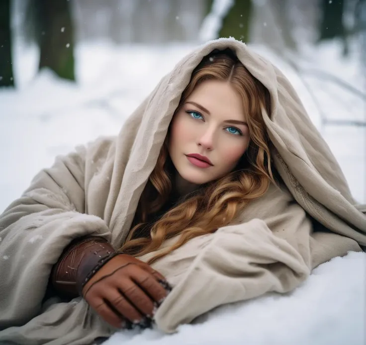 raw photo portrait of a noble Viking woman Lying in the snow with her face covered by her hand, winter, THM style