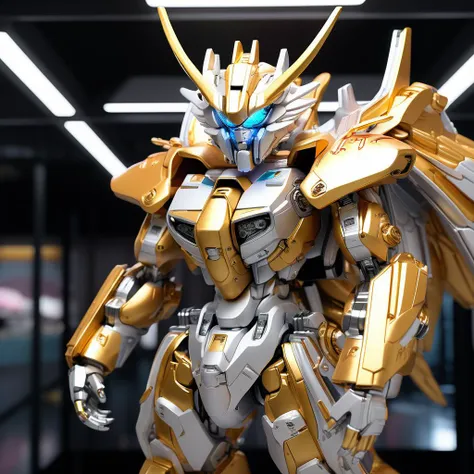 hyper-realistic, photorealism, a strong anthro golden gundam dragon is standing in spaceship, shiny silver chassis, glowing LED, detailed textures, bipedal, photo, camera captured that ensuring character are in sharp focus while the background remains softly blurred, 1 tail, highly detailed