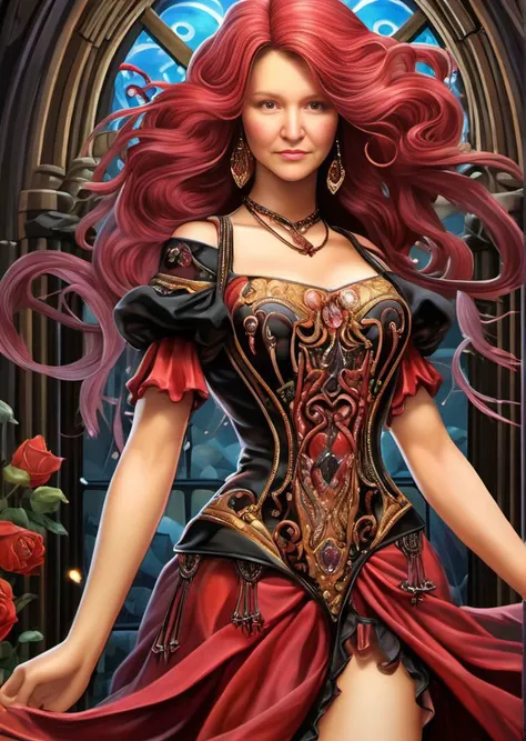 Renaissance style amanda sage OIL PAINTING ,HOGWARTS WORLD, (chubby face:0.8) (female 48 years old:1.4) (beautiful TALL goth:1.2), (realistic full body portrait:1.1), (floral glass background:1.2), (beautiful older woman with long black windblown hair:1.1),beautiful belly-dancer,(lots of deep colours dripping dark red hues and black cascading multidimensional spaces:1.4) <lora:Empire_SDXL_OnSite:1> <lora:XLKnightV1:1> . Realistic, perspective, light and shadow, religious or mythological themes, highly detailed