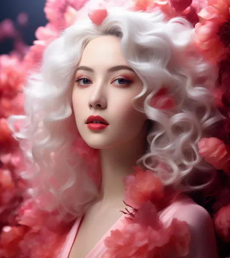 Real estate photography style, coralbug (albino woman, white hair styled voluminous waves), photo RAW, (black, dark red and neon pink : shiny aura, highly detailed, red filigree, intricate motifs, organic tracery, glowing stardust , perfect composition, smooth, sharp focus, sparkling particles, lively coral reef background Realistic, realism, hd, 35mm photograph, 8k), masterpiece, award winning photography, natural light, perfect composition, high detail, hyper realistic, THM style, amber light, Professional, inviting, well-lit, high-resolution, property-focused, commercial, highly detailed