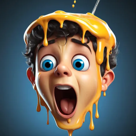 melted cheese pouring over a cartoon boys head, high quality, realistic, 4K, Strong Focus