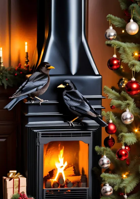 <lora:eurasian blackbird SDXL-000002:1>
eurasian blackbird,turdus merula,best quality, high quality, highres, masterpiece,bird, christmas tree, solo, christmas, christmas ornaments, christmas present, christma,indoors, fireplace, bonfire,