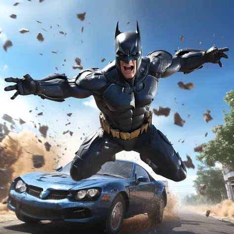 batman throwing a car into the air, RAW photo, masterpiece, Intricate Details, high quality, realistic, 4K, professional photo,