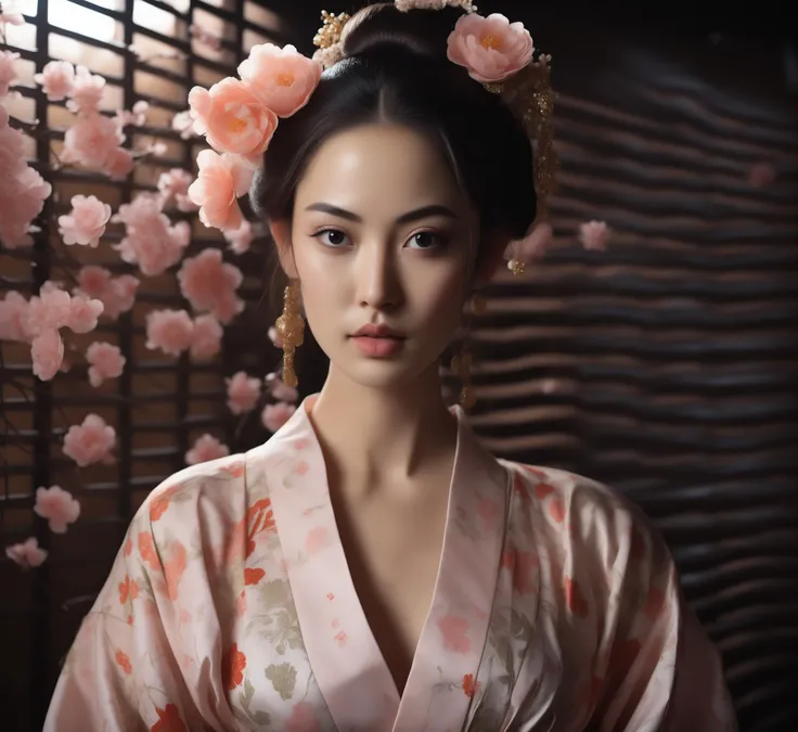 RAW photo, epic close up portrait, (high detailed skin:1.2), 8k uhd, dslr, soft lighting, high quality, film grain, Fujifilm XT3, a japanese young shy woman geisha dressed in a traditional Geisha outfit, standing in a dimly lit room. She is wearing a kimono and has her hair tied in a bun, adorned with a flower. The room has light peach theme, a warm and intimate atmosphere. The woman appears to be looking at the camera, capturing her elegant and poised demeanor. focus on a geisha