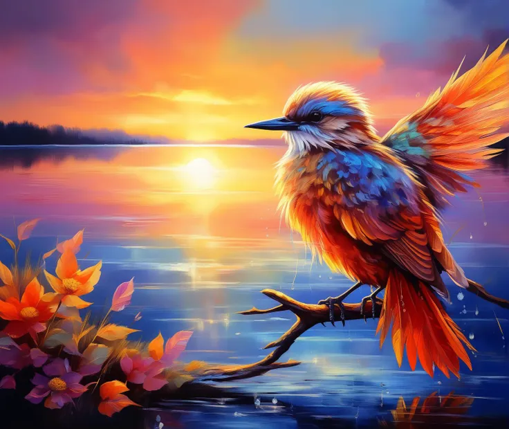 Bird , miracle in feathers, vibrant colors, soft amber light, lake, bright sunset, THM style