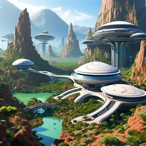 A scene depicting the colonization of an alien planet. Futuristic buildings with advanced technology blend with the alien landscape, where exotic plants and creatures coexist with human settlers