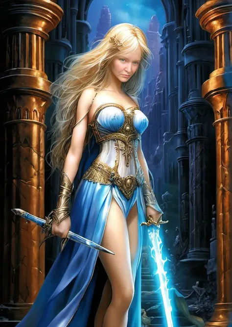 (By Boris Vallejo and Luis Royo:1.2) Renaissance style amanda sage OIL PAINTING ,HOGWARTS WORLD, ((masterpiece, best quality)),a girl holding a sword, in the style of dark azure and light azure, mixes realistic and fantastical elements, uhd image, glassy translucence, vibrant illustrations