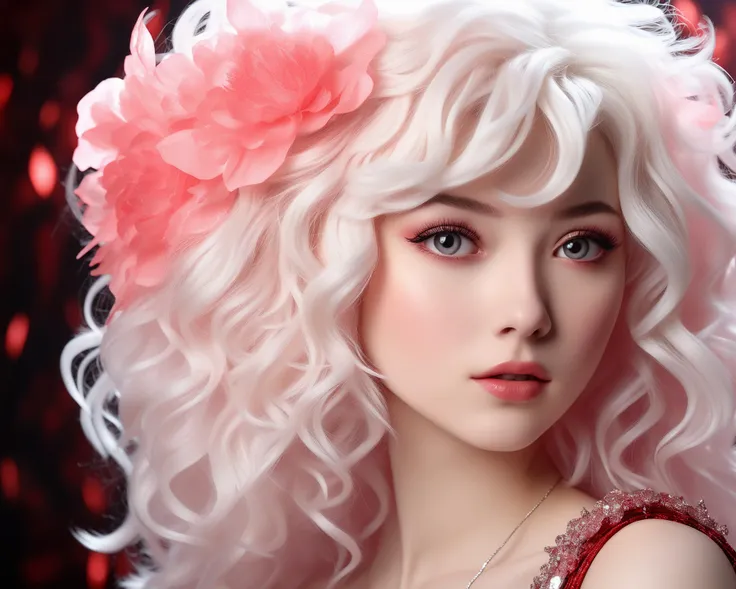 Adorable Kawaii, coralbug (albino woman, white hair styled voluminous waves), photo RAW, (black, dark red and neon pink : shiny aura, highly detailed, red filigree, intricate motifs, organic tracery, glowing stardust , perfect composition, smooth, sharp focus, sparkling particles, lively coral reef background Realistic, realism, hd, 35mm photograph, 8k), masterpiece, award winning photography, natural light, perfect composition, high detail, hyper realistic, THM style, pretty, cute, adorable, kawaii