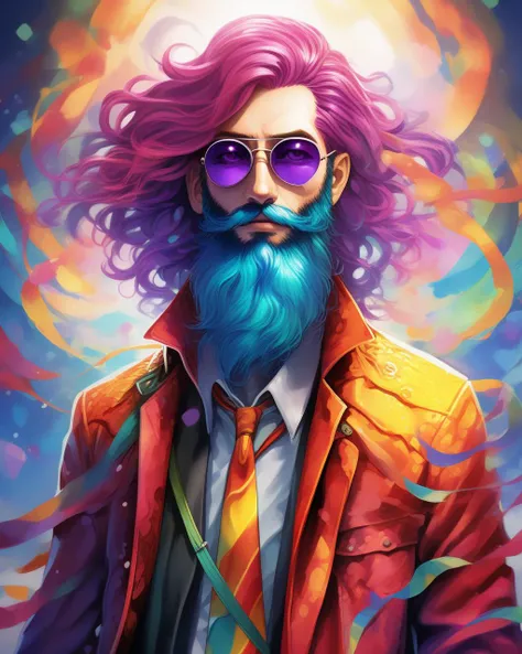 close up shot Psychodelic art of, DNA art style , extremely dynamic scene, action pose, Half-human, Half-fluid, long, bright green hair that hangs down his shoulders and back. His eyes shimmer bright blue, and his face is adorned with a long, thin, bright red beard. His skin has an unusual hue that varies from purple to yellow. Dressed in a long, narrow coat, colored in a mixture of red, yellow and blue. Under his coat, he wears a sleeveless shirt decorated with abstract patterns. On his hands are bright, multi-colored bracelets, and on his feet are boots painted in rainbow colors.,thm style, flying on a high hill late in the evening, bright sunset, swirl magic, flying hair,Gric