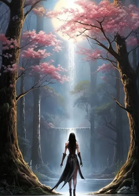 (By Boris Vallejo and Luis Royo:1.2)a woman standing in the middle of a forest, Anne Stokes, dark fantasy art, a detailed matte painting, gothic art,
{scenery, cherry blossoms, moon, water, sky, mountain, white background.}
John Harris Ben Templesmith