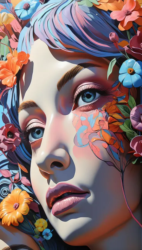 a painting of two people with flowers in their hair, odeith, colorful refractive adornments, ultra detailed face and eyes, day-glo colors, by Pablo Rey, [sculpture] and [hyperrealism], psychedelic floral planets, closeup at the faces, artgem and beeple masterpiece, solar beings, colorful high contrast hd, unknown artist, street art