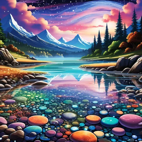 A dreamy, surreal landscape where the sky is filled with swirling galaxies and the ground is a mosaic of colorful, geometric shapes. In the foreground, a crystal-clear river flows over smooth, iridescent pebbles