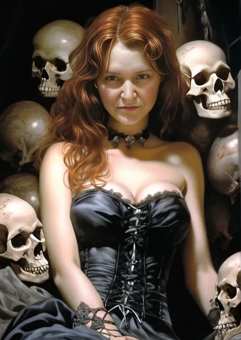 (a housewife surrounded by skulls 1.2) (chubby lady:1.2) (resting on her bed:1.2)  (wearing gothic dress:1.2)   (By Boris Vallejo and Luis Royo:1.2)