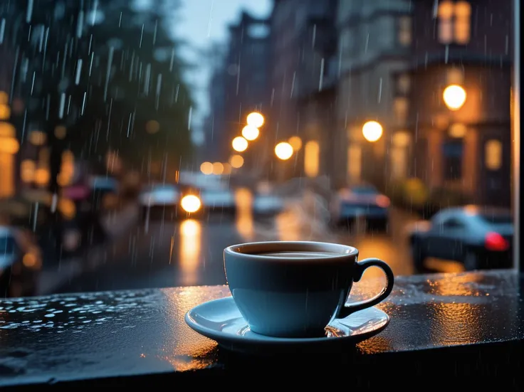 the view from the open window to the night city, there is a beautiful cup of hot coffee on the windowsill, steam is coming from the coffee, focus on the street, sharp focus, It's raining outside the window