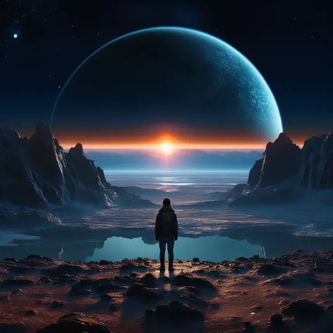 Person standing on a cold and deserted planet, looking at 2 distant suns in the background.