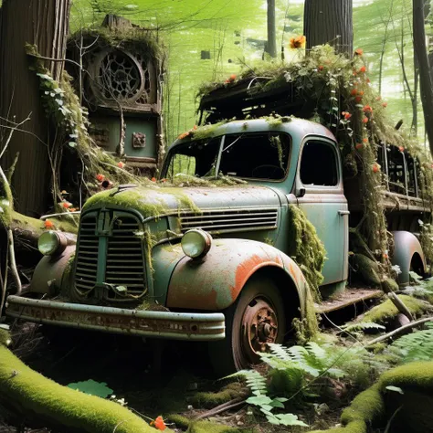 a decayed truck in a forest, rust, moss flowers, vines,