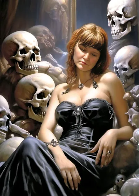 (a housewife surrounded by skulls 1.2) (chubby lady:1.2) (resting on her bed:1.2)  (wearing gothic dress:1.2)   (By Boris Vallejo and Luis Royo:1.2)