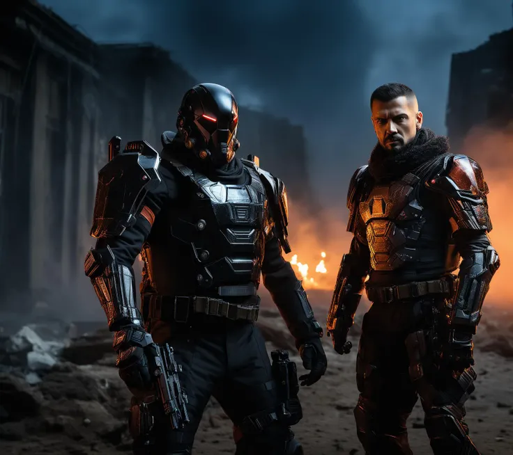 Action Films action movie scene, extremely dynamic scene, long exposure photo of a two epic heros (the Caldari mercenary:1.9) in armor with a small futuristic blaster:1.9 in ((smooth battle armor:1.6)) in (hexagonal finish:1.6), (without rivets:1.6) standing in a dynamic combat scene in an open space
where there are two orange moons in the sky, a futuristic glass building in the background, HDR shooting mode, 16k UHD resolution, caldari mercenary helmet, (toxic air: 1.6),. Black lace, candelabra, baric from the bosom, romantic and enticing, baked on (Hasselblad X1D II 50C) , <lora:sdsl_lora_caldari-colab: 0.65>, Action Films, often for intense sequences, heroic characters, or adrenaline-fueled excitement, THM style