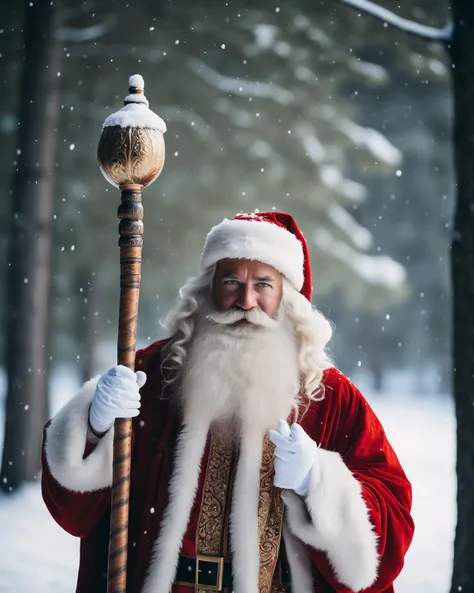 cinematic film still of The image features a man dressed as Santa Claus, wearing a blue and white outfit, and holding a wand. He is standing outside in the snow, possibly during the winter season. The man's beard and mustache are also visible, adding to the festive appearance. The scene captures the essence of the holiday season and the joyful spirit associated with Santa Claus, THM style, shallow depth of field, vignette, highly detailed, high budget, bokeh, cinemascope, moody, epic, gorgeous, film grain, grainy