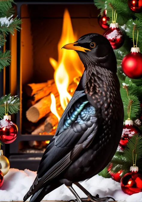 <lora:eurasian blackbird SDXL-000002:1>
eurasian blackbird,turdus merula,best quality, high quality, highres, masterpiece,bird, christmas tree, solo, christmas, christmas ornaments, christmas present, christma,indoors, fireplace, bonfire,
