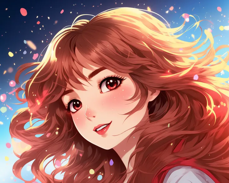 Adorable Kawaii, (80s style:0.65) (hand drawn, anime,:1.2) (girl:0.8), long wavy hair, flying hair, dark red lips, analogue VHS distortion, intricately detailed linework, paint splashes, diamond crystals, amber soft light, electric waves, THM style, pretty, cute, adorable, kawaii