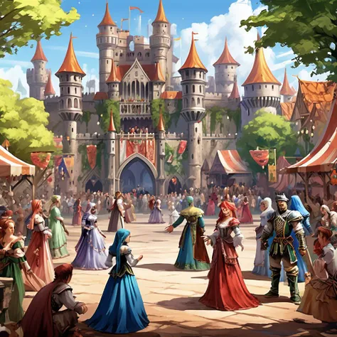 A vibrant Renaissance fair scene, complete with jesters, knights in armor, and merchants selling their wares. In the background, a grand castle stands, and performers entertain a crowd with music and dance