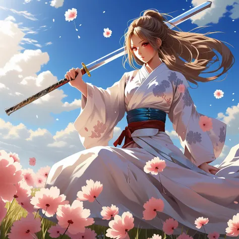 samdoesart style A very beautiful samurai girl in a sparkling kimono with a katana her hands in the rays of the setting sun in a fighting pose on a flower field, falling sakura petals, ultra detailed, THM style