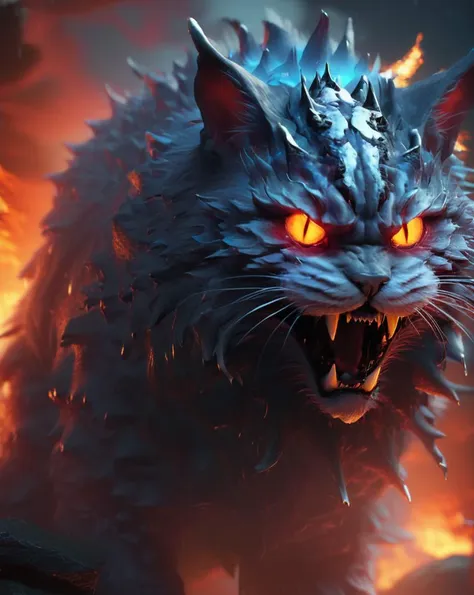 <lora:Fantasy_Monsters_XL:1.35> fantasy monsters, a giant cat with a skull head, inferno, nighttime, detailed fur texture, subsurface scattering,