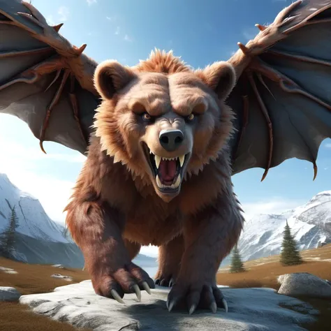 scary bear with dragon wings, high quality, realistic, 4K, Strong Focus