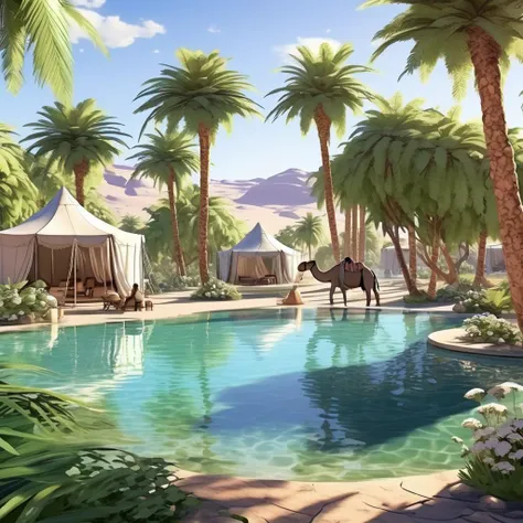 A hidden oasis in the heart of a vast desert. Palm trees and exotic plants surround a crystal-clear pool of water. In the background, a caravan of camels and travelers rest under the shade