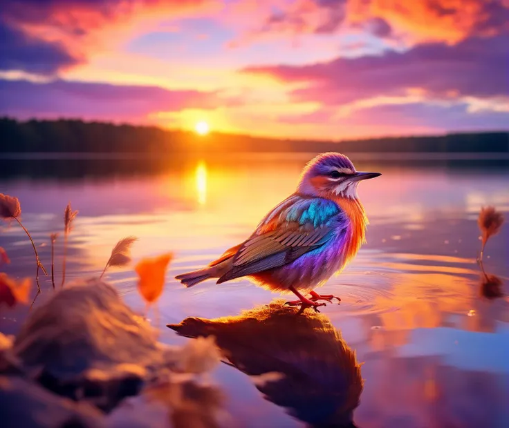 photo of a Bird , miracle in feathers, vibrant colors, soft amber light, lake, bright sunset, THM style