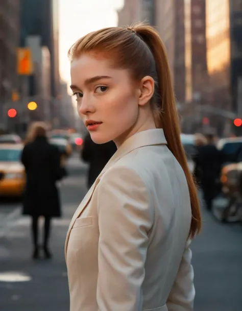 jia_lissa, closeup, On the bustling streets of New York during the golden hour, where the city's energy is palpable, a cinematic photo captures the urban dream. Full body shot focus, Photorealistic portrait in breathtaking detail, photo scanned at ultra-high resolution, inspired by Helmut Newton and Peter Lindbergh. Warm, golden light, vibrant city backdrop, a look of determined ambition, glossy nude lips, hair pulled back in a power ponytail, wearing a sharp, tailored suit, a designer watch, and pointed heels, defining the essence of city sophistication. 35mm photograph, film, bokeh, professional, 4k, highly detailed., jia_lissa, closeup, On the bustling streets of New York during the golden hour, where the city's energy is palpable, a cinematic photo captures the urban dream. Full body shot focus, Photorealistic portrait in breathtaking detail, photo scanned at ultra-high resolution, inspired by Helmut Newton and Peter Lindbergh. Warm, golden light, vibrant city backdrop, a look of determined ambition, glossy nude lips, hair pulled back in a power ponytail, wearing a sharp, tailored suit, a designer watch, and pointed heels, defining the essence of city sophistication. 35mm photograph, film, bokeh, professional, 4k, highly detailed, incredible quality, very inspirational, rich, dynamic dramatic ambient color