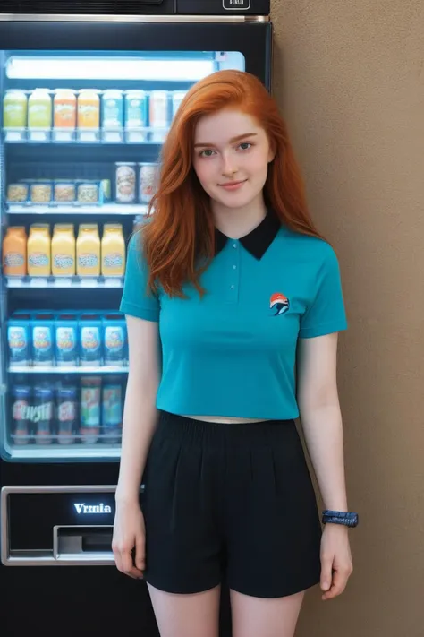 (1girl:1.3, ginger hair, medium hair, detailed hair, standing, cute teen girl, pale skin:1.2, beautiful eyes, detailed eyes:1.3, detailed iris, smiling expression, freckles), (black t-shirt, black dolphin shorts:1.2), (medium breasts:1.3, symmetrical breasts, cleavage:1.2, detailed nipples), photography, photorealistic, hyperrealistic, symmetrical anatomy, (realistic shadows:1.2, realistic lighting:1.2, natural lighting:1.2), highly detailed, ultra high res, (masterpiece:1.2), RAW photo, uhd, 8k, (dark red sky:1.2, futuristic outpost:1.2, twilight, food vending machine:1.2, landscape), (looking on viewer:1.2, front to viewer:1.2, facing viewer:1.2, medium shot:1.3), <lora:MORPH_more_details:0.3>, <lora:MORPH_Pale_Skin_SDXL_v1.0:0.6>, <lora:CHARACTER_REDHEAD_jia_lissa_sdxl_20:0.8>, jia_lissa,