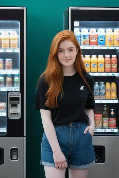 (1girl:1.3, ginger hair, medium hair, detailed hair, standing, cute teen girl, pale skin:1.2, beautiful eyes, detailed eyes:1.3, detailed iris, smiling expression, freckles), (black t-shirt, black dolphin shorts:1.2), (medium breasts:1.3, symmetrical breasts, cleavage:1.2, detailed nipples), photography, photorealistic, hyperrealistic, symmetrical anatomy, (realistic shadows:1.2, realistic lighting:1.2, natural lighting:1.2), highly detailed, ultra high res, (masterpiece:1.2), RAW photo, uhd, 8k, (dark red sky:1.2, futuristic outpost:1.2, twilight, food vending machine:1.2, landscape), (looking on viewer:1.2, front to viewer:1.2, facing viewer:1.2, medium shot:1.3), <lora:MORPH_more_details:0.3>, <lora:MORPH_Pale_Skin_SDXL_v1.0:0.6>, <lora:CHARACTER_REDHEAD_jia_lissa_sdxl_20:0.8>, jia_lissa,