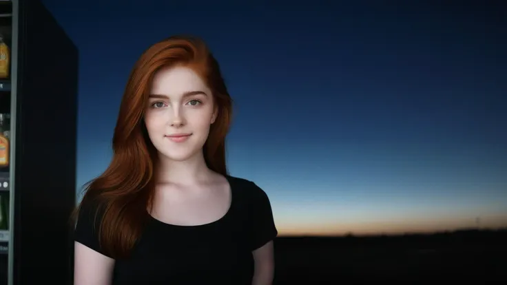 (1girl:1.3, ginger hair, medium hair, detailed hair, standing, cute teen girl, pale skin:1.2, beautiful eyes, detailed eyes:1.3, detailed iris, smiling expression, freckles), (black t-shirt:1.2, black tight pants), (medium breasts:1.3, symmetrical breasts, cleavage:1.2), photography, photorealistic, hyperrealistic, symmetrical anatomy, (realistic shadows:1.2, realistic lighting:1.2, natural lighting:1.2), highly detailed, ultra high res, (masterpiece:1.2), RAW photo, uhd, 8k, (dark red sky:1.2, futuristic outpost:1.2, twilight, food vending machine:1.2, landscape), (looking on viewer:1.2, front to viewer:1.2, facing viewer:1.2, medium shot:1.3), <lora:MORPH_more_details:0.3>, <lora:MORPH_Pale_Skin_SDXL_v1.0:0.6>, <lora:CHARACTER_REDHEAD_jia_lissa_sdxl_20:0.8>, jia_lissa,