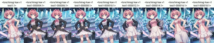 1girl, solo, hiiragi kae \(re:stage!\), pink hair, short hair, blue eyes, hands on hips, pout, <lora:hiiragi kae v1 test1:1>