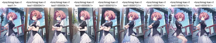 1girl, solo, hiiragi kae \(re:stage!\), pink hair, short hair, blue eyes, crossed arms, pout, from side, looking away, <lora:hiiragi kae v1 test1:1>