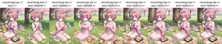 1girl, solo, hiiragi kae \(re:stage!\), pink hair, short hair, blue eyes, hanami, seiza, grass, picnic, bento, wagashi, thermos, cup, smile, <lora:hiiragi kae v1 test1:1>