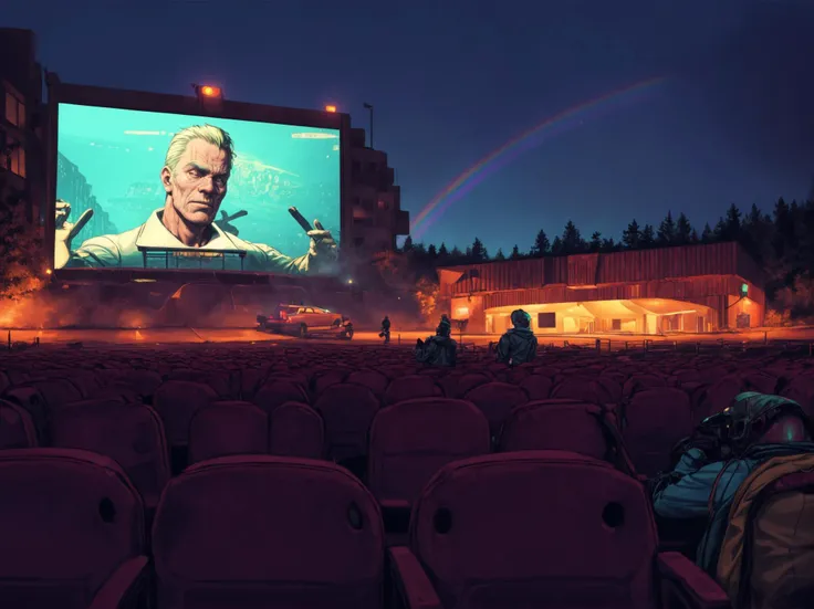 breathtaking masterpiece, thick outlines, Simon Stålenhag style, Overgrown (Drive In Theater), old cars in parking lot facing movie screen, Action movie projected on the big screen, distant glow of advertisements and holograms, small town America in the dystopian future, beautiful rich rainbow colors, dark theme <lora:Stalenh4g:1> <lora:more_details:1>