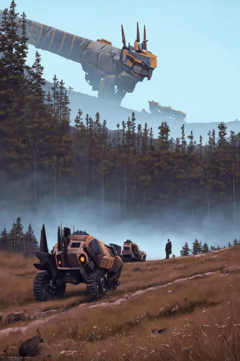 <lora:Stalenh4g:0.94>,Stalenh4g,Venture into a remote, isolated wilderness, where untamed nature reigns supreme. Yet, in the heart of this pristine landscape, awe-inspiring mechas traverse the rugged terrain, their presence both enigmatic and awe-inspiring. Create a captivating portrayal of the enduring coexistence between nature's majesty and the colossal mechas, all within the unmistakable artistry of Simon Stålenhag,masterpiece,best quality,