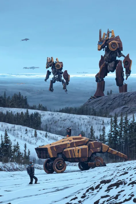 <lora:Stalenh4g:0.94>,Stalenh4g,Venture into a remote, isolated wilderness, where untamed nature reigns supreme. Yet, in the heart of this pristine landscape, awe-inspiring mechas traverse the rugged terrain, their presence both enigmatic and awe-inspiring. Create a captivating portrayal of the enduring coexistence between nature's majesty and the colossal mechas, all within the unmistakable artistry of Simon Stålenhag,masterpiece,best quality,