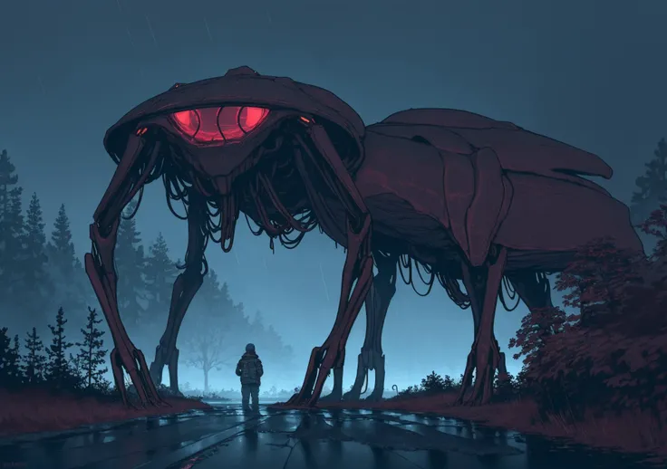breathtaking masterpiece, Simon Stalenhag style, (dark red) neon light trails, American Suburbs, detached housing, Trans Am in driveway, asymmetrical blocking, cold and wet, misty sunrise theme, (thick fog), ((large shambling timid lonely cycloptic alien:robotic tripod creature), alien biology, hideous, staring at floor), cloudy night, (rainy, wet ground, iridescent sky, borealis, otherworldly alien flora) <lora:Stalenh4g:0.8> <lora:tr4ns4m:0.7>