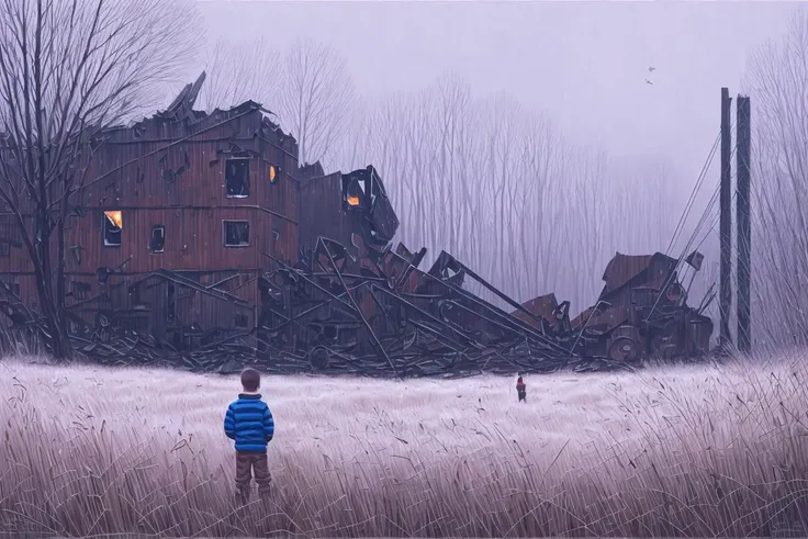 a  boy contemplates a smoldering heap of broken machinery in a frozen field in a dystopian and desolate age, by Simon Stalenhag <lora:Stalenh4g:0.8>, dramatic lighting, dynamic composition