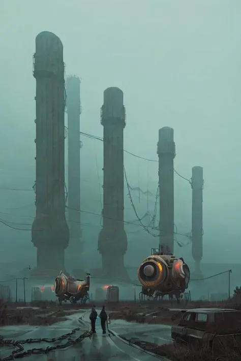 <lora:Stalenh4g:1>,Picture a remote,desolate industrial facility shrouded in a thick,stable fog. Within this eerie mist,massive,antiquated machines loom,partially obscured yet somehow even more imposing. Amidst the haunting silence,enigmatic beings move with purpose,their presence intertwined with the mechanical monoliths. Craft an evocative scene that captures the stable diffusion of man-made marvels and the enigmatic unknown in the unmistakable style of Simon Stålenhag,