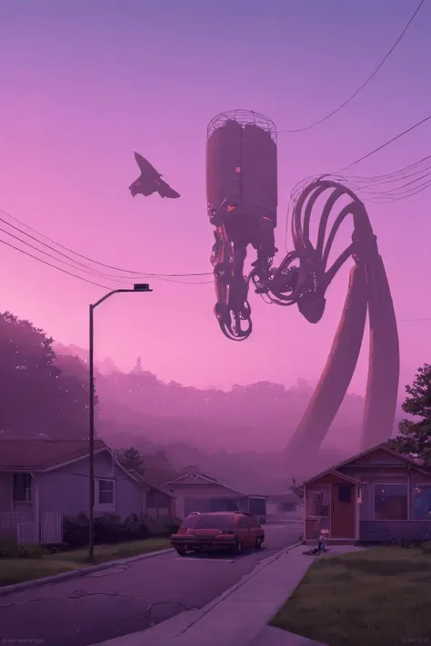<lora:Stalenh4g:0.85>,Imagine a tranquil suburban neighborhood,bathed in the soft,diffused glow of an otherworldly sunset. As the warm hues dance on the horizon,peculiar machines and creatures from an alternate dimension seamlessly blend into the familiar landscape. Capture the serene coexistence between these surreal elements and the everyday life of the residents,highlighting the seamless diffusion of the extraordinary into the ordinary in the style of Simon Stålenhag,masterpiece,best quality,