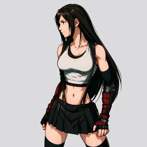 <lora:MIAOKA_tifa:1>, 1girl,tifa lockhart,solo,thighhighs,skirt,suspenders,long hair,crop top,gloves,red footwear,suspender skirt,black thighhighs,fingerless gloves,full body,tank top,black skirt,midriff,navel,elbow gloves,boots,black hair,white tank top,clenched hands,fighting stance,brown hair,full body,red eyes, slight smile