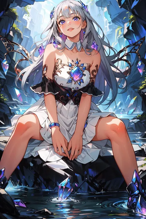 (masterpiece, best quality), intricate details,
1girl, <lora:KitsuneAi-KosekiBijou-LoCon32-V0_5-000008:0.8> koseki bijou, white dress, detached sleeves, bare shoulders, wings, strapless, crystal, collarbone, short sleeves, white sleeves, strapless dress, boots
sitting on rock, underground, glowing crystals, cavern, cave,